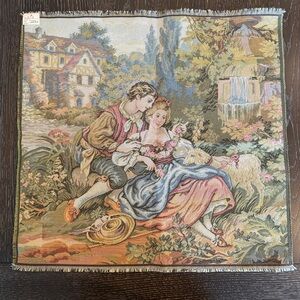 Vintage Romantic French Tapestry Textile Floral Lady Man Country 20x20” Italian